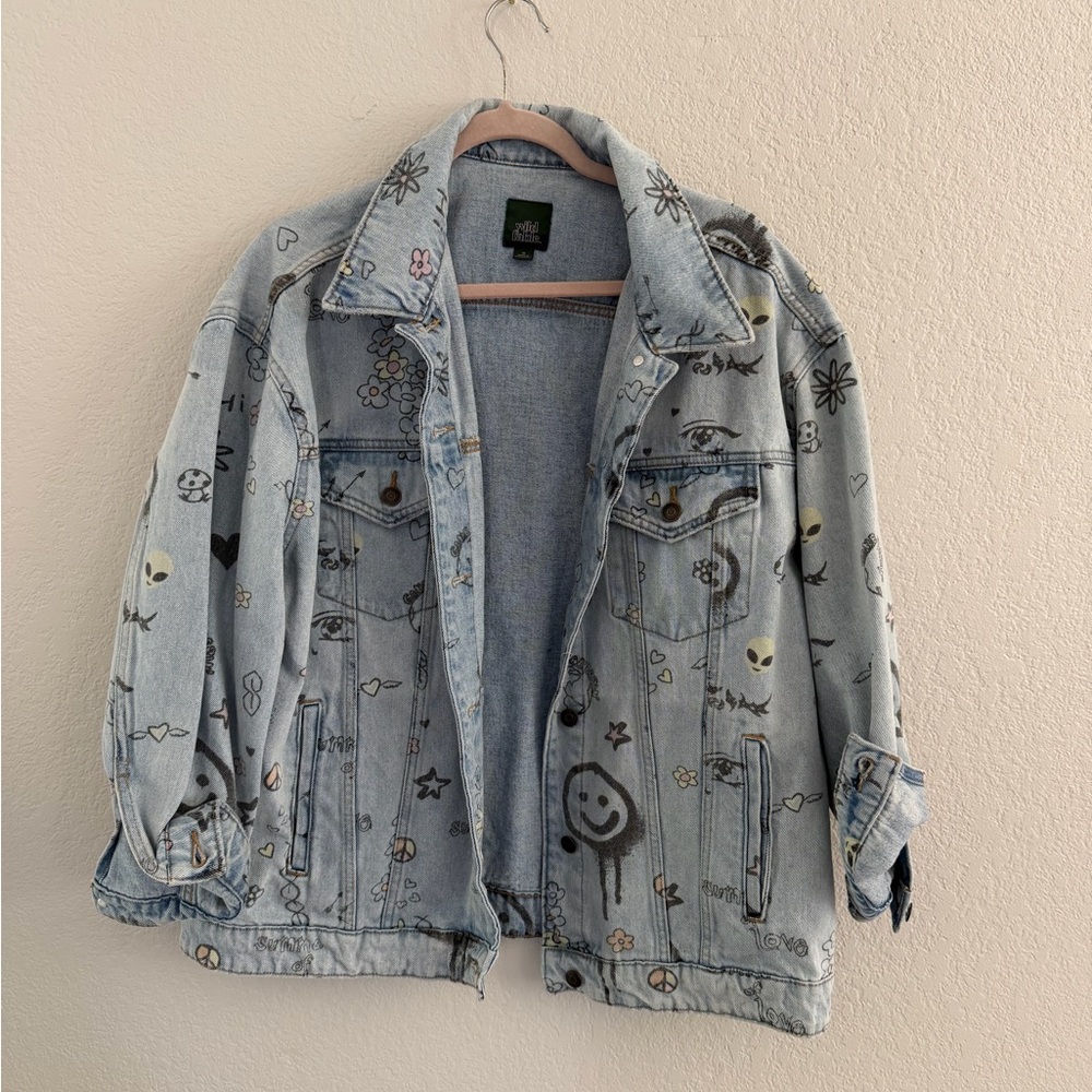Light Wash Denim Jacket with Illustrated Motifs